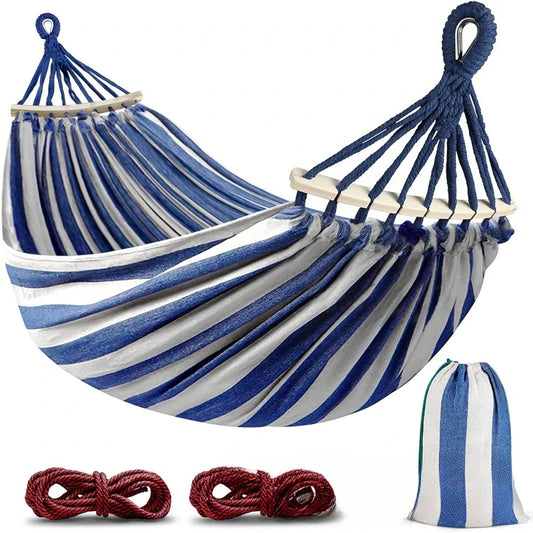 Canvas Double Hammock | Anti-Roll Swing Bed with Wooden Spreaders for Camping & Outdoors
