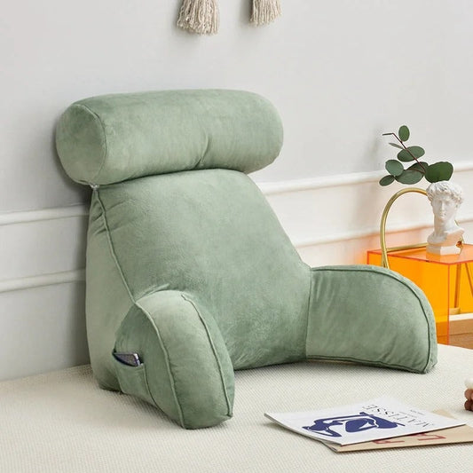Backrest Pillow with Arms & Adjustable Headrest – Bed Rest Reading Pillow for Back & Neck Support