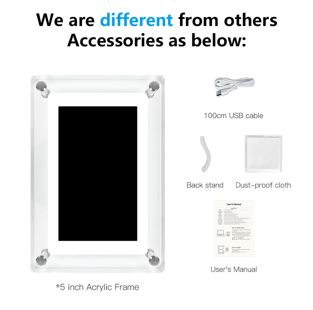 ClearFrame | Acrylic Digital Photo Frame | Portable IPS Display with Built-in Battery