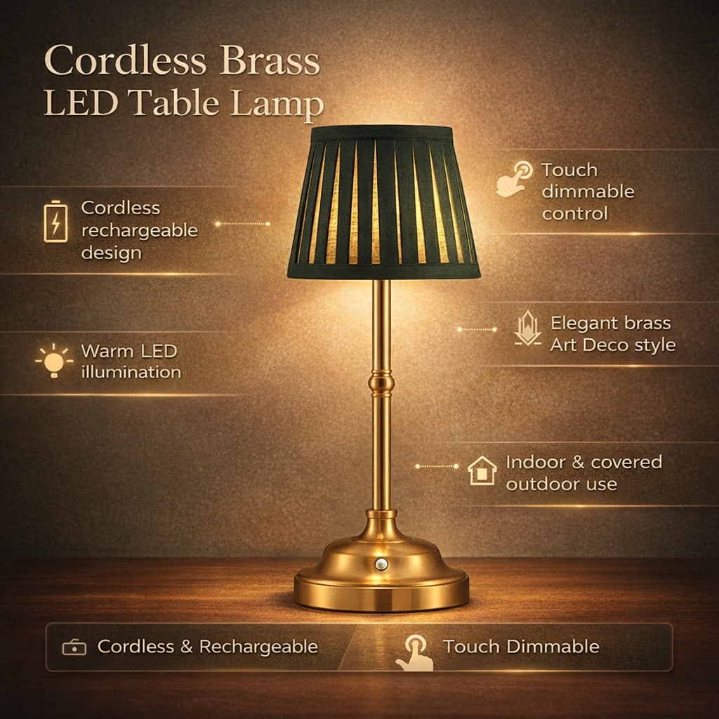 Table Lamp Cordless Rechargeable Brass LED Touch Dimmable